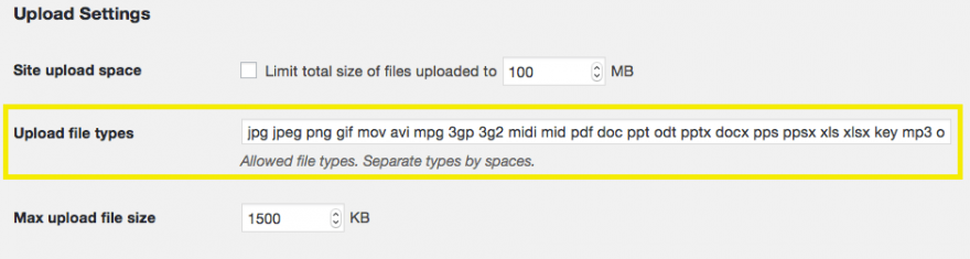 Add Permitted File Types by Changing WordPress Multi site Settings