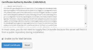 Copy and paste the chain of intermediate certificates (CA Bundle) into the box under Certificate Authority Bundle (CABUNDLE) if it is not filled in already. If you want to use this certificate for Mail Services (Exim and Dovecot), check the “Enable SNI for Mail Services” box. In this case, you will be able to use your domain on which the SSL certificate has been installed as a hostname of the mail server configuring your mail clients to work via secured ports.